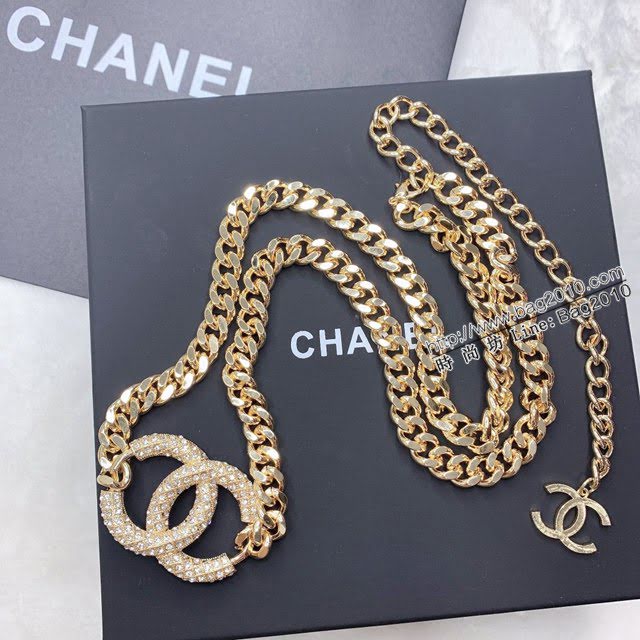 Chanel女士皮帶 香奈兒鏈條金屬與黃銅金色滿鑽雙C標誌腰帶  jjp2141